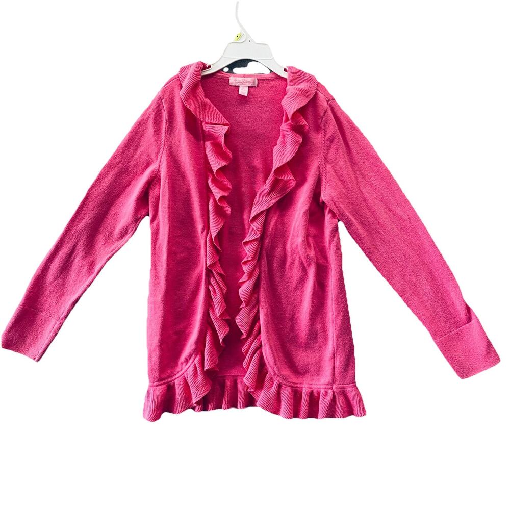 Lilly Pulitzer Girls Cardigan Sweater Size Xl 12-14 Pink Ruffle Open Solid